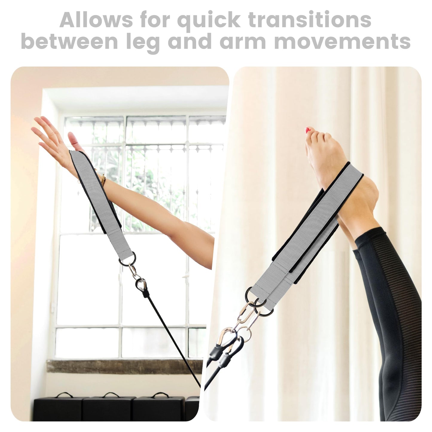 2PCS Pilates Double Loop Strap for Reformer Fitness D-Ring Straps Handle, Yoga Pilates Equipmen D-Ring Exercise Strap for Gym Workout Home(Silvery Gray)