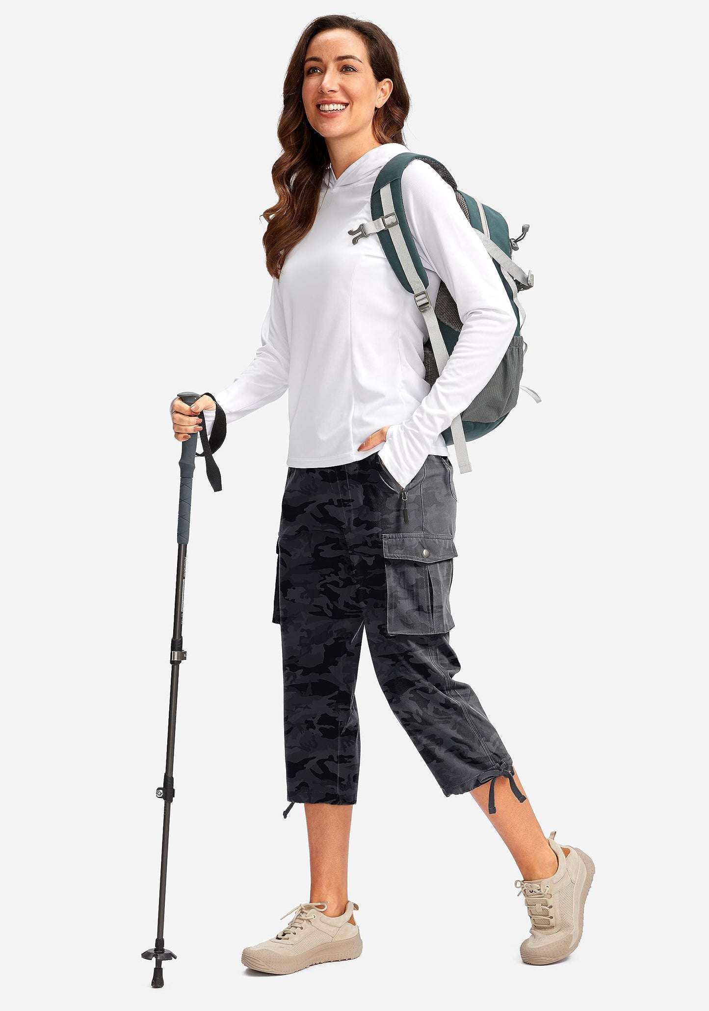 Soothfeel Women's Cargo Capris Pants with 6 Pockets Lightweight Quick Dry Travel Hiking Summer Pants for Women Casual (Black Camo, 4XL)