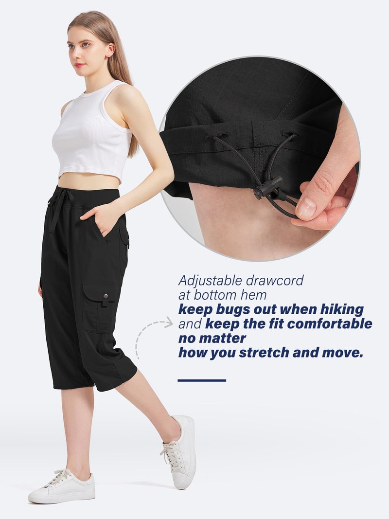 Toumett Women's Cargo Capris Hiking Pants Quick Dry Lightweight Outdoor Pants Casual Travel Comfy Cute Pockets(2032,Black,L)