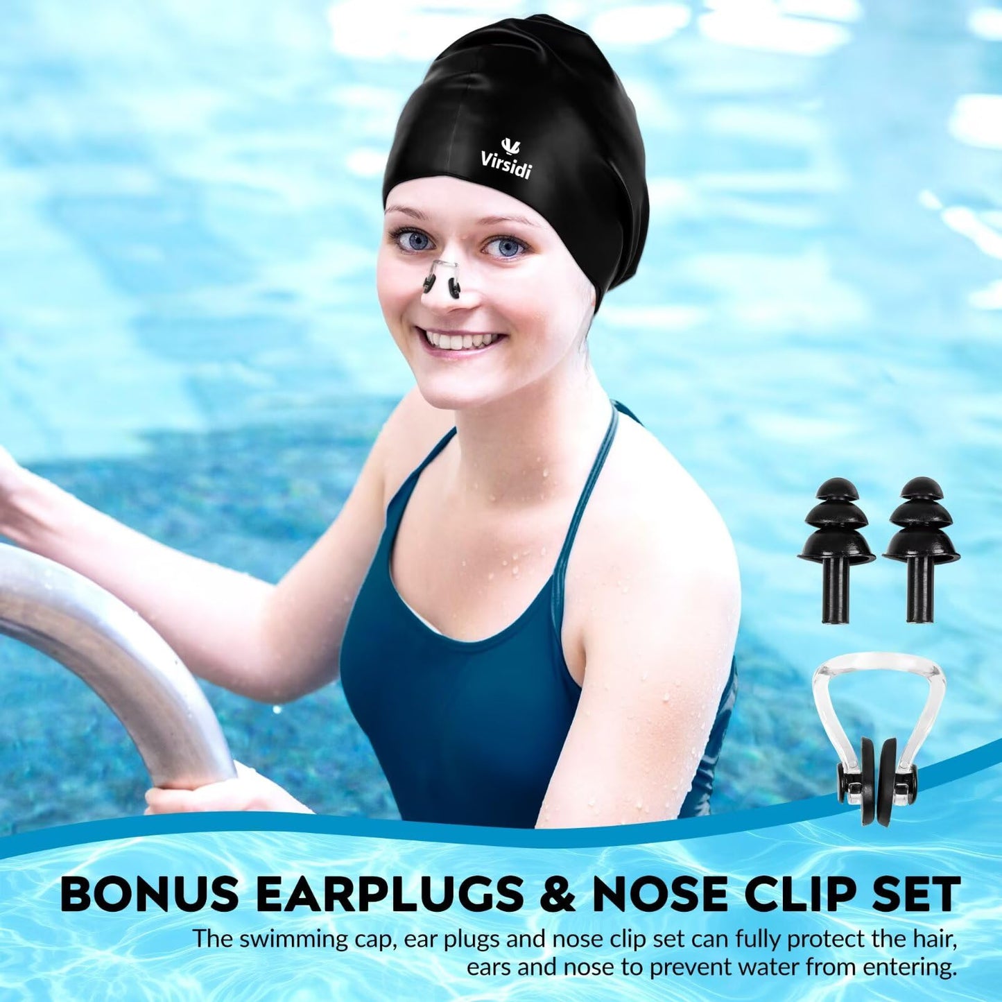 2 Pack Large Swim Caps for Long Hair, Silicone Swimming Cap for Adult Women Men, Waterproof Swim Hats Bathing Caps to Keep Hair Dry with Bonus Nose Clip and Earplugs-01
