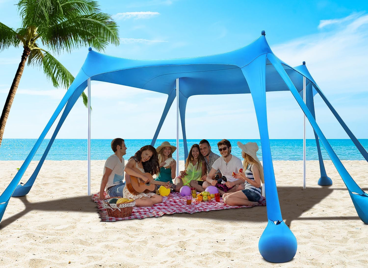 10x10ft Beach Tent Sun Shelter with UPF 50+ UV Protection, Beach Canopy Tent with 8 Sandbags, 4 Stability Poles, 8 Ground Pegs for Camping, Fishing, Picnics, Backyard Fun (Sky Blue)