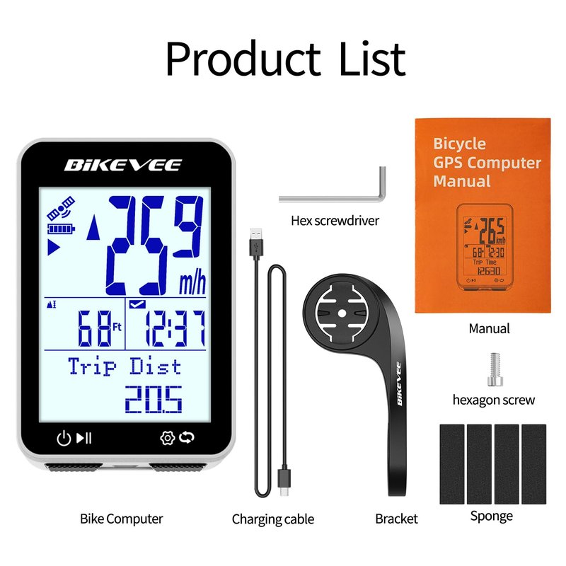 Bikevee GPS Bike Computer Wireless Bicycle Speedometer Odometer 9 Languages Auto Backlight Auto Start Stop IPX7 Waterproof 2.4 Inch LCD with Out Front Mount Supports MPH KMH - White