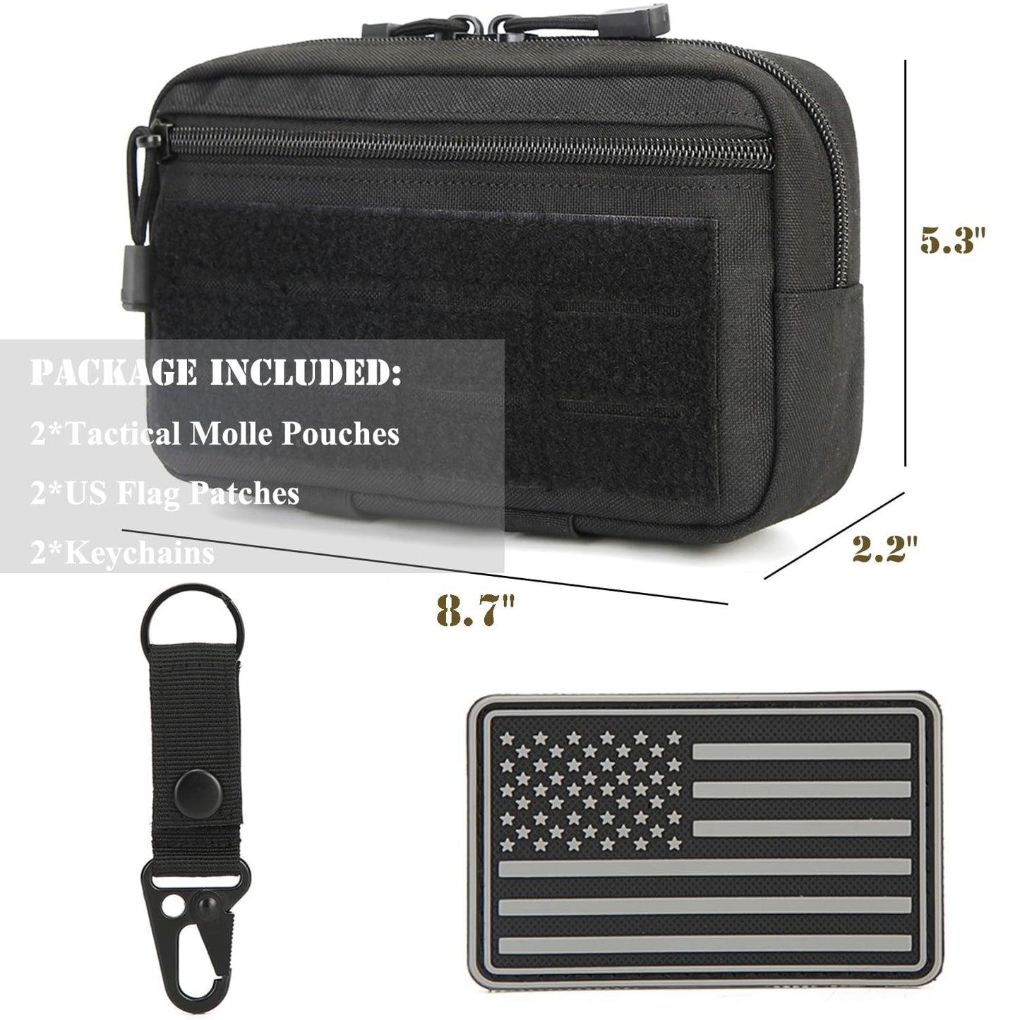 2 Pack Tactical Molle Admin Pouch with US Flag Patch and Keychain - Utility Laser Cut Tactical EDC Tool Pouch Bag Horizontal Modular Pouches Utility Tool Pouch (Black)