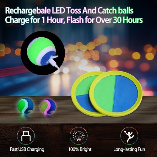 Raditoss LED Toss and Catch Ball Set, Glow-in-The-Dark & Daytime Play with Rechargeable Multi-Color Flashing Light-Up Balls, Indoor & Outdoor Toy for Kids, Toddlers & Adults Fun, 2 Paddles & 2 Balls