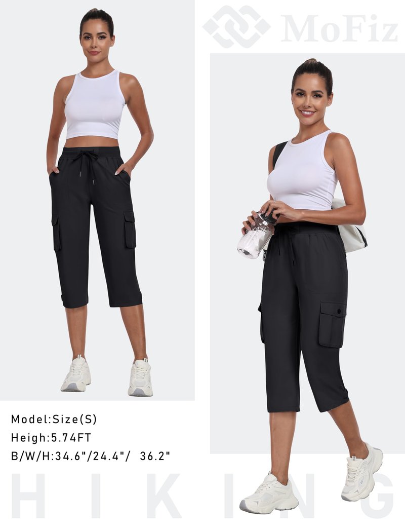MoFiz Women's Cargo Capris Hiking Pants Lightweight Quick Dry Summer Outdoor Casual Travel Pants with Pockets Black XL