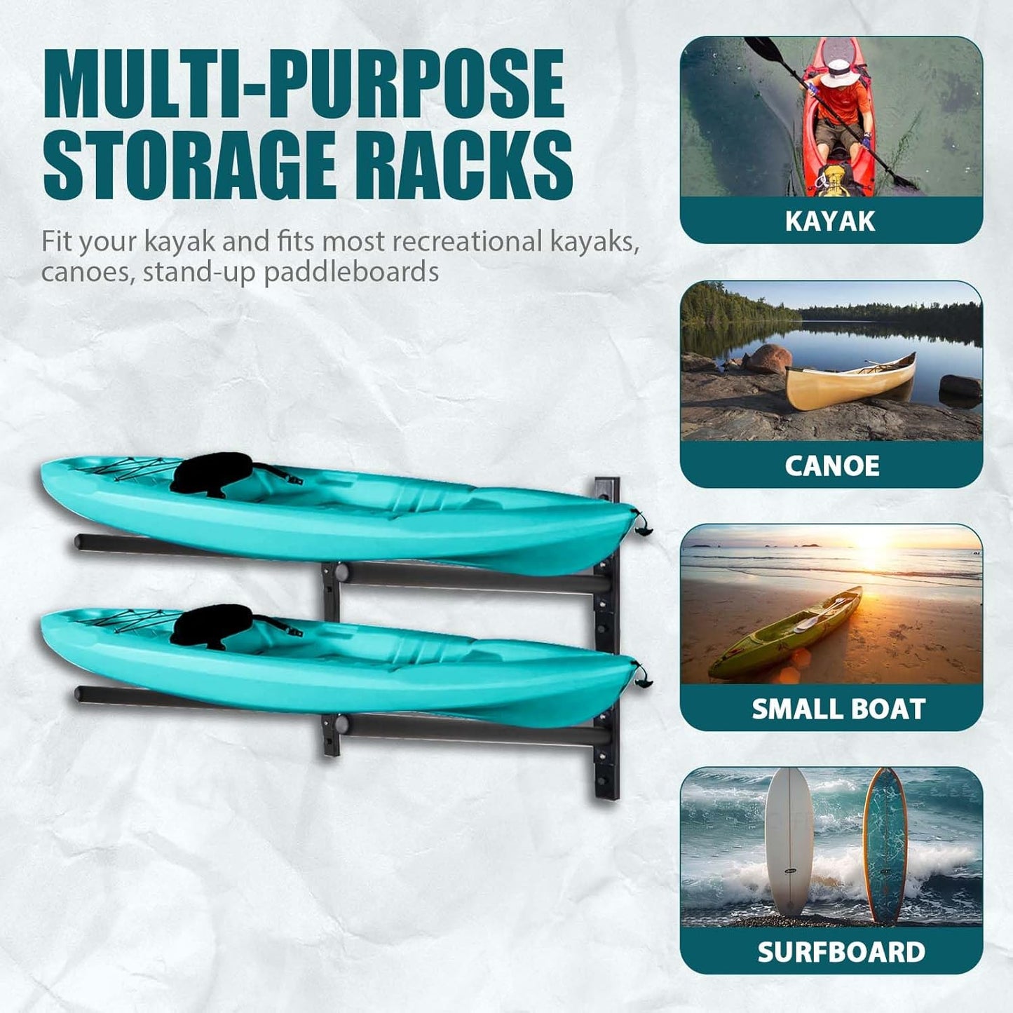 Kayak Storage Rack, Adjustable Wall Mount Kayak Racks for Garage and Outdoor Storage, Heavy Duty Weight Capacity, 2 Level / 3 Level / 4 Level