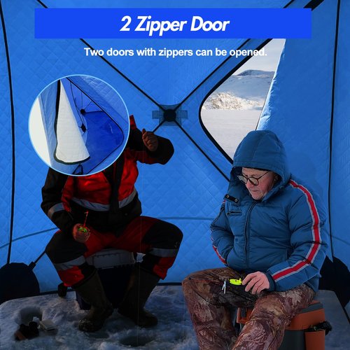 Insulated Pop-Up Ice Fishing Tent - Portable Hub-Style Shelter with 2 Zipper Doors for 3-4 People, Durable Oxford Fabric with Cotton Padding Ice Shack for Winter Fishing Trip, Blue