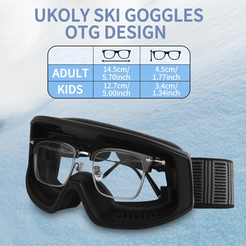 Ukoly Ski/Snowboard Goggles for Men Women, Snow Goggles HD Lens Anti-Fog Coating OTG Design UV400 Protection Windproof (Black Frame HD Photochromic Blue)