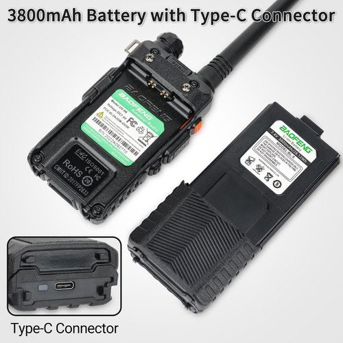 BAOFENG UV-5R Battery 3800mAh USB-C Charging Extended High Capacity Battery for UV5R BF-8HP UV-5R Series Radios with Type-C Charging Cable,2Pack