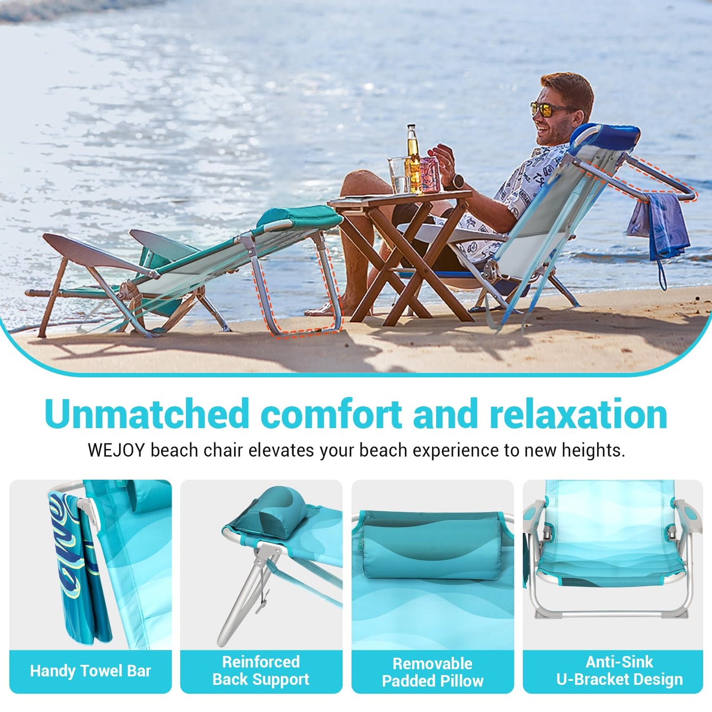 #WEJOY Lightweight Low Beach Chair for Adults, 4-Position Aluminum Folding Camping Chairs with Shoulder Strap, Cup Holder and Padded Headrest, Supports 265lbs for Lawn Outdoor,Cyanpattern