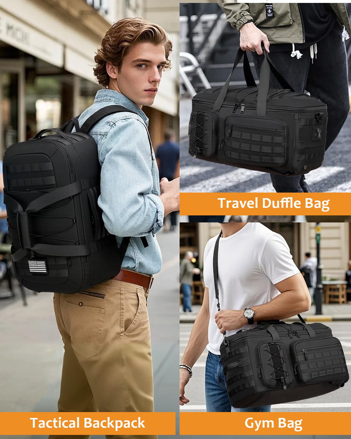 50L Gym Bag for Men and Women, 3-in-1 Duffle Bag for Travel Sports with Shoe Compartment, Military Tactical Backpack for Overnight Weekender Workout
