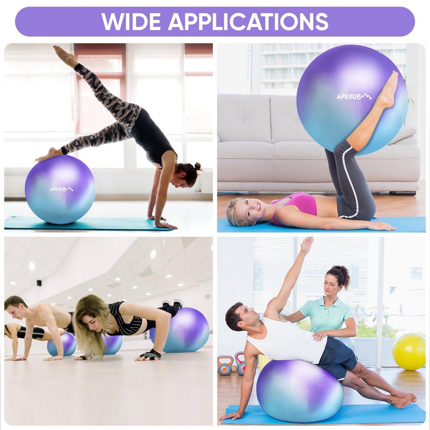 APEXUP Yoga Ball, 660 lbs Anti-Burst Exercise Ball with Pump, 5 Sizes (M (19"~22") 55cm, Blue Purple)