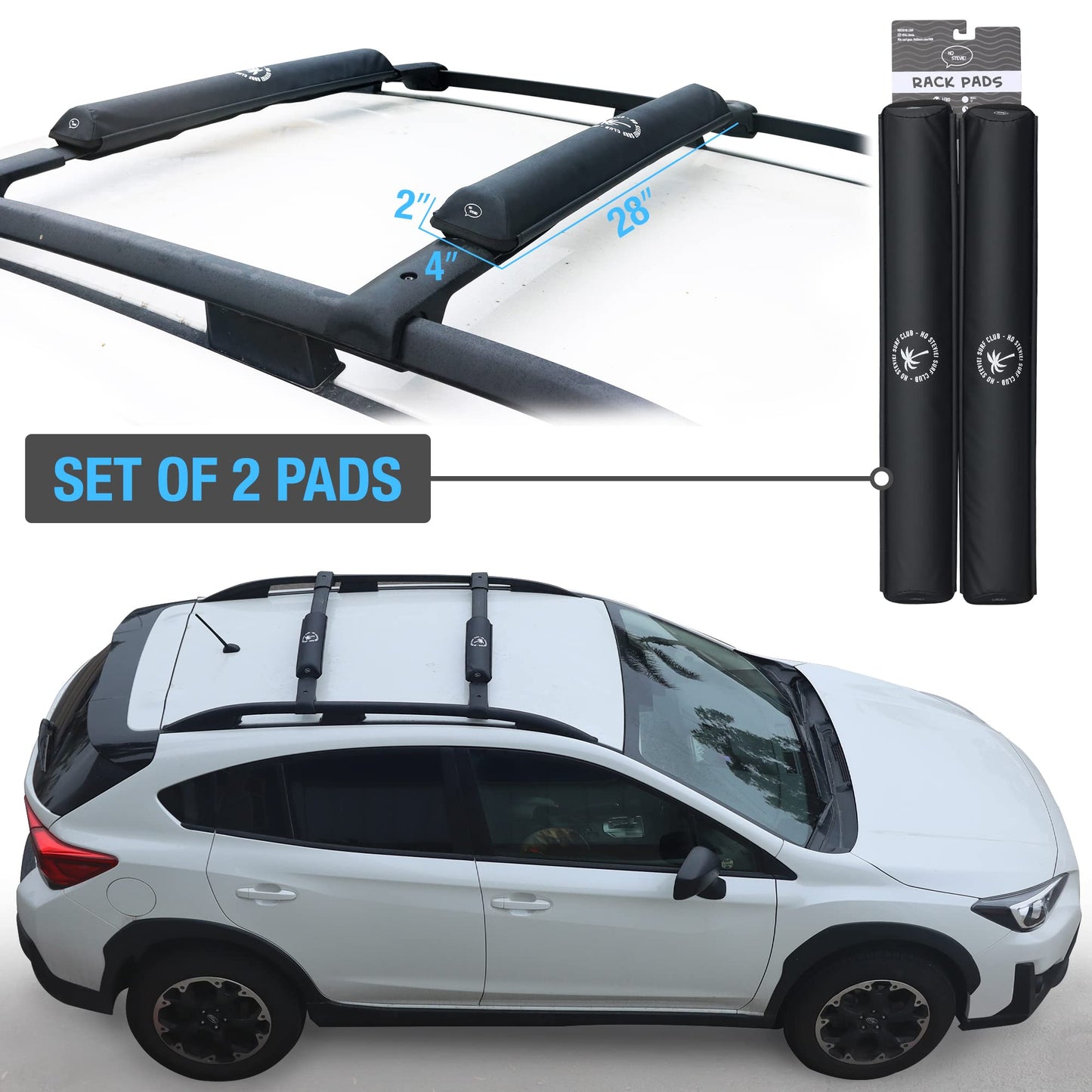 Ho Stevie! Surfboard/SUP Aero Roof Rack Pads (Set of 2 Pads, 28" or 17") for Cars with Crossbars (28")