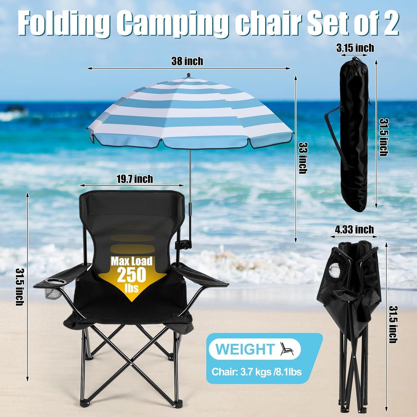 2 Sets Beach Chair with Umbrella Foldable Camping Chair Fold up Umbrella with Universal Clamp Large Portable for Outdoors Fishing Camping Hiking Travel Picnic Beach (Black,Blue,White)