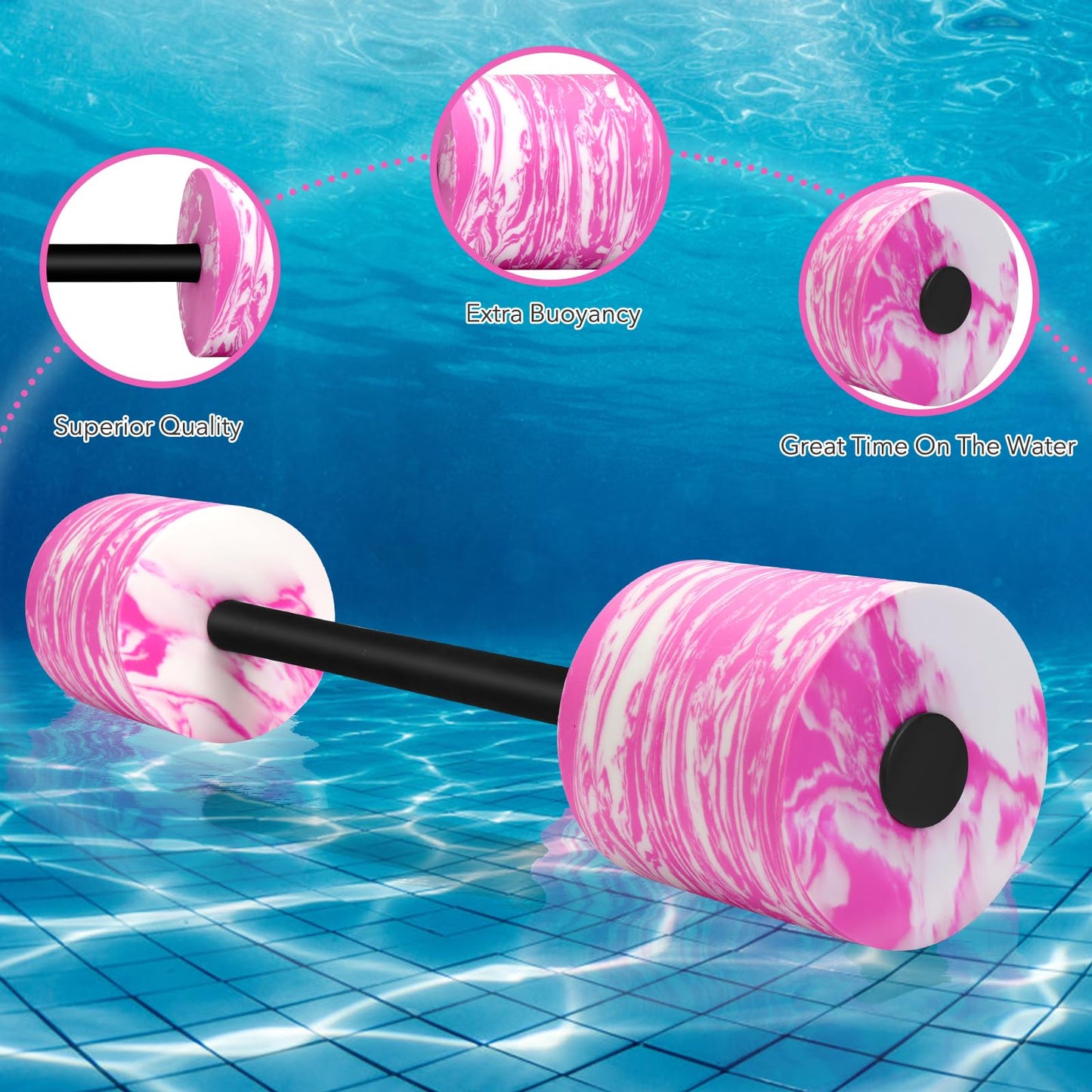 IEBIYO 29.3’’Aquatic Exercise Equipment Swim Barbell High Density EVA Foam Pool Barbell Swim Dumbbell with Water Exercise Discs Aquatic Fitness Equipment (Pink&White)