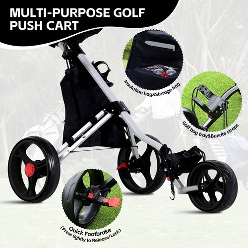 Lakehood Golf Push Cart - 3 Wheel Golf Cart for Easy Transport & Storage, Height-Adjustable Handle for All Ages, Push Golf cart - Perfect for Golf Courses & Practice Sessions (Black)