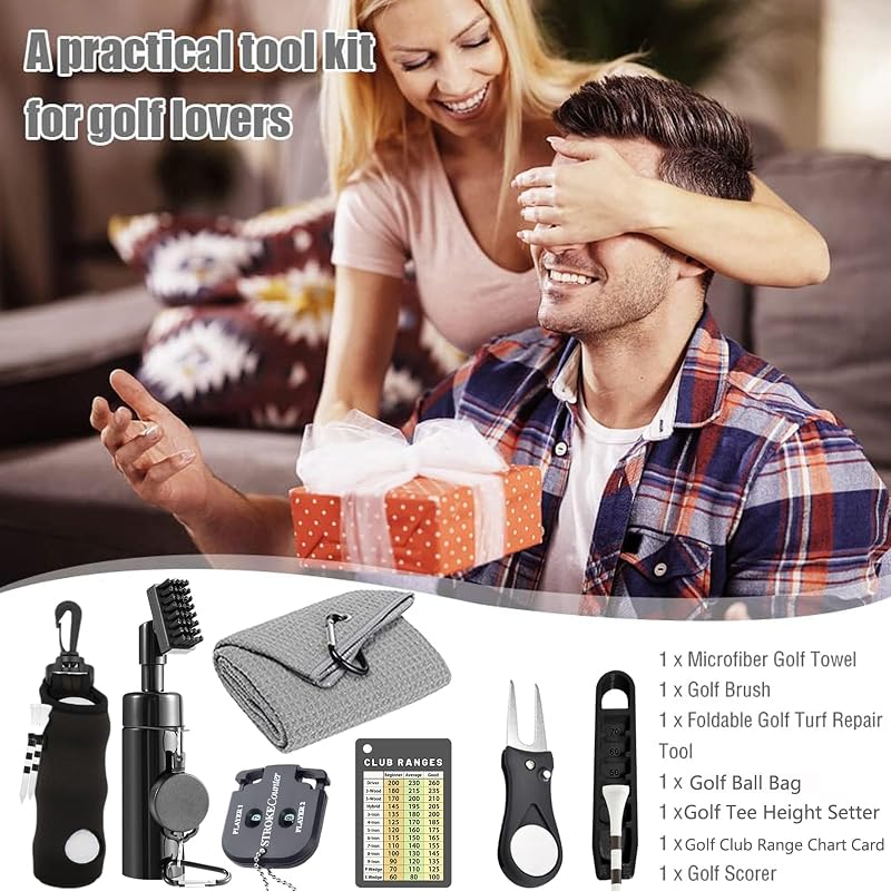 7Pcs Golf Accessories Kit with Towel, Cleaner, Diver Tool, Score Counter & Black Variation