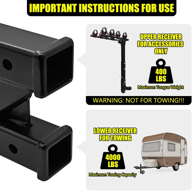 KAIRAY Double Hitch Receiver, 2 inch Trailer Dual Hitch Extension Riser, Hitch Adapter Fits for 2 inch Receiver Extender to 10 inch Max Length, 6 Inch Riser/Drop