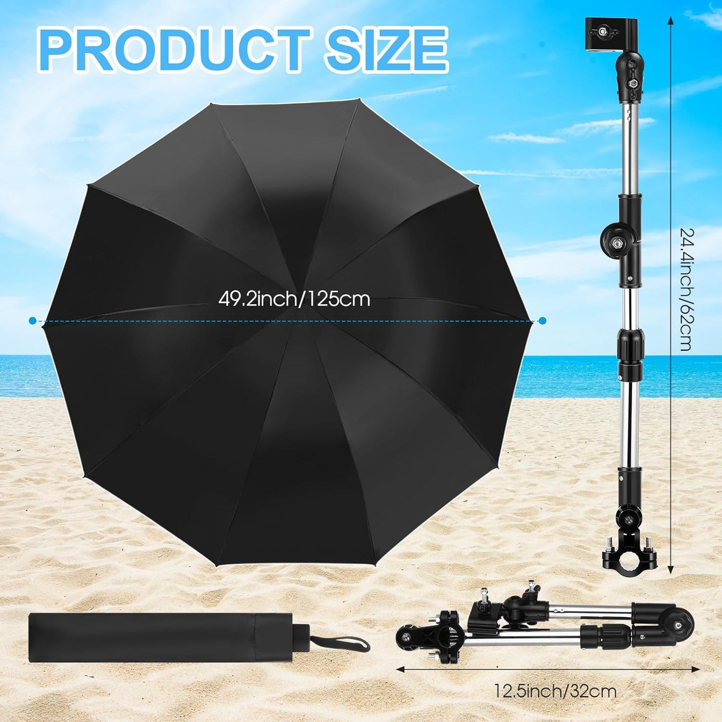2 Pcs Beach Chair Umbrella with Clamp 49.2" 360° Adjustable Golf Umbrella with Clip and Retractable Stand Sun Shade for Camping Outdoor Travel Patio Wheelchair Golf Cart Stroller