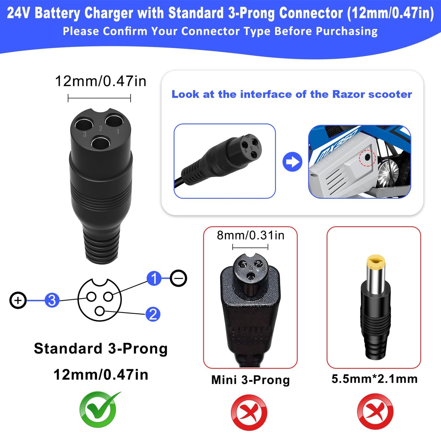 24V Electric Scooter Charger for Razor MX350 Dirt Bike MX400 Dirt Rocket PR200, E100 E200 E300 E500 Dirt Quad Pocket Mod Sports Mod Motorcycle 24V 2000mA Electric Battery Charger