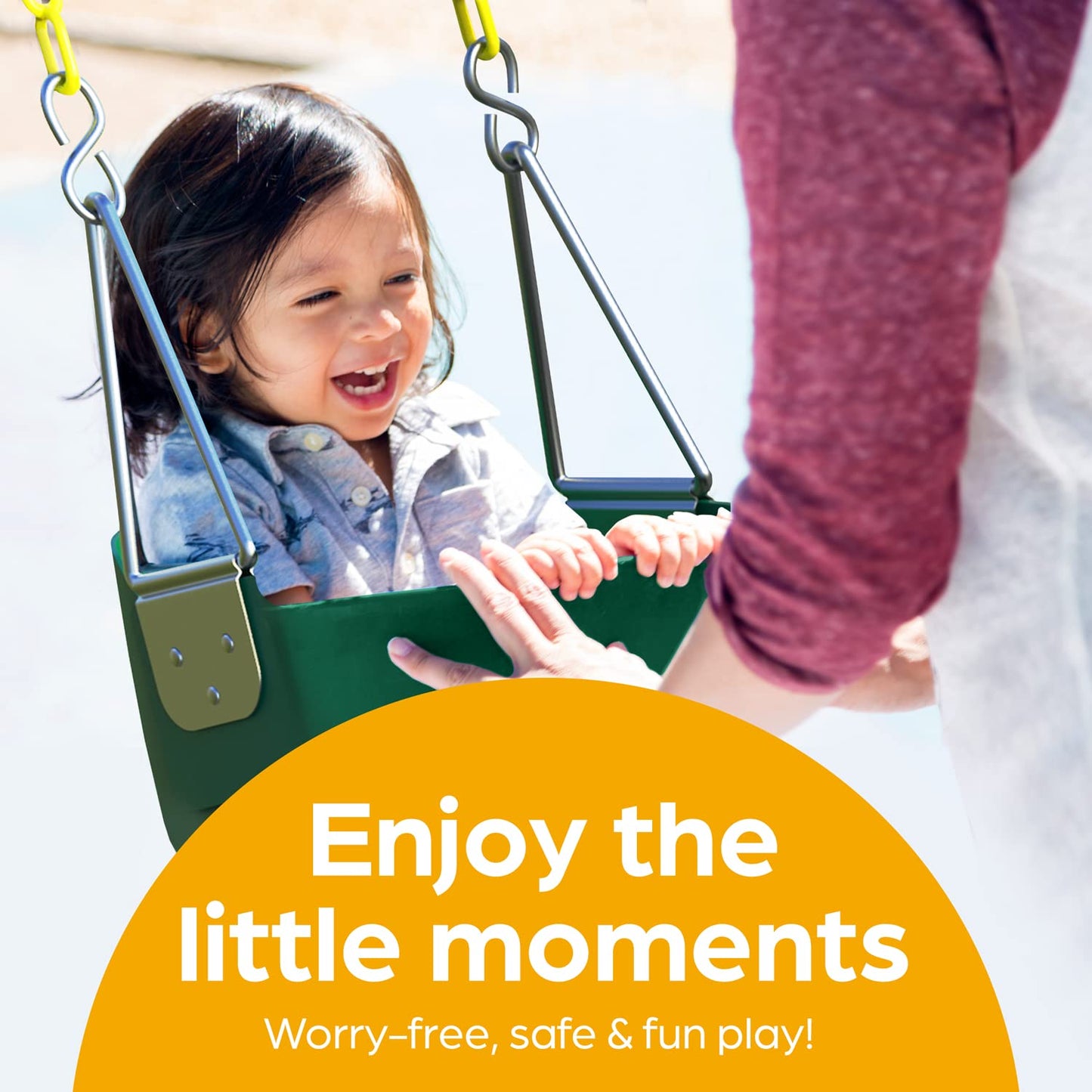 Jungle Gym Kingdom Baby Swing Outdoor - Heavy Duty Toddler Swing Set Accessories, High Back, Full Bucket Seat with Coated Chains for Outdoor Use - Fully Assembled - Green