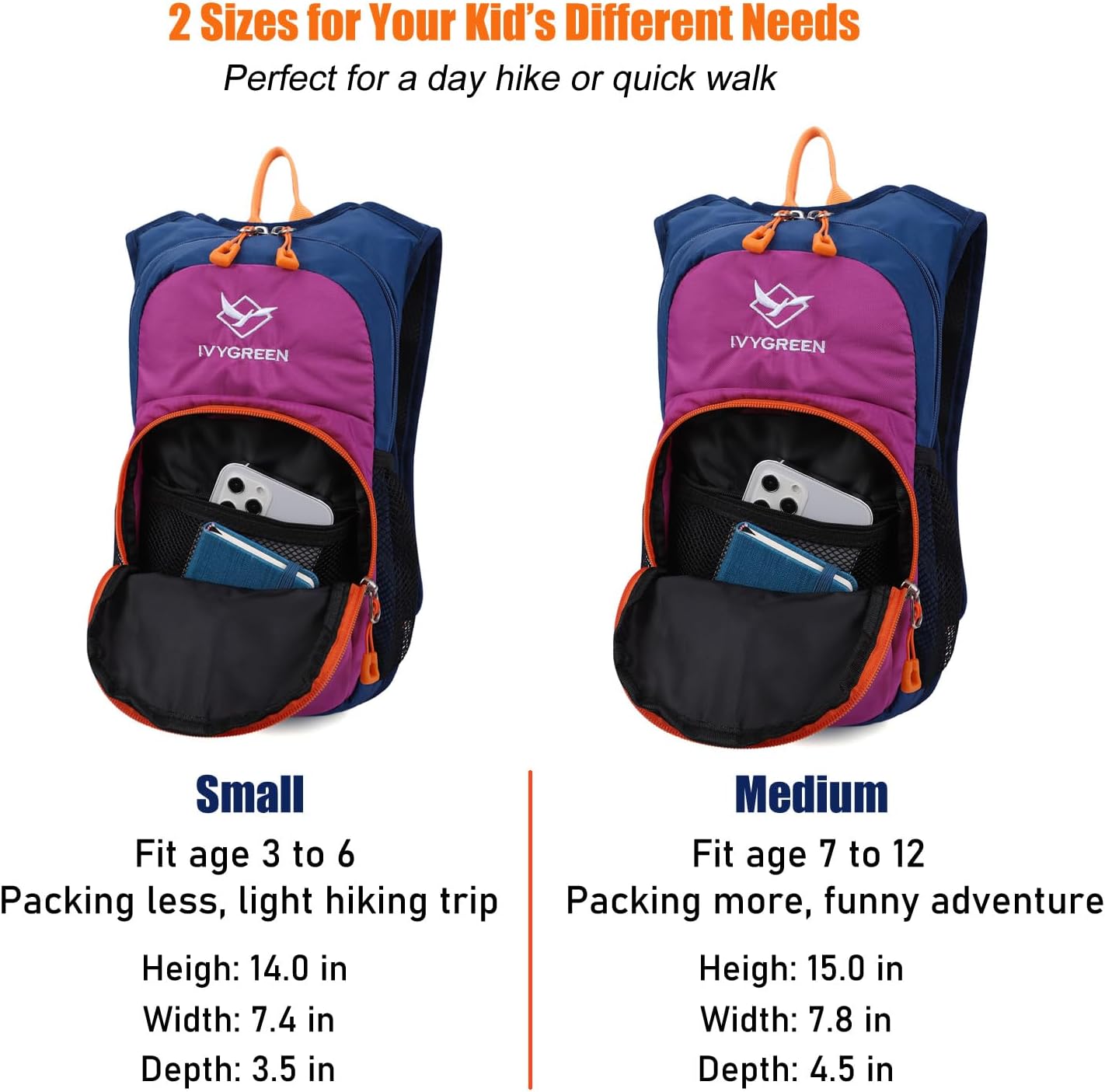 Ivygreen Kids Hydration Backpack, Hiking Backpack for Boys or Girls with 1.5L Water Bladder