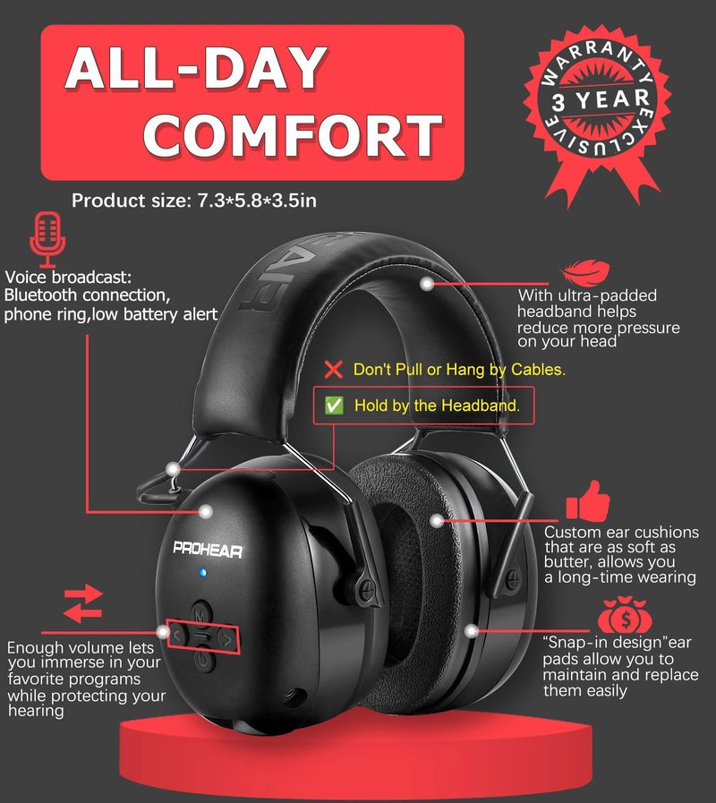 PROHEAR 037 Bluetooth 6.0 Hearing Protection Headphones with Rechargeable 1500mAh Battery, 30dB SNR Safety Noise Reduction Ear Muffs 120H Playtime for Mowing, Workshops, Snowblowing - Black