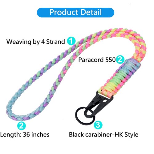 LAREDTREE Heavy Duty Paracord Lanyard Keychain, Paracord Necklace Cell Phone Keychain Whistles Wrist Braided Strap for Men Women Outdoor Activities, Camera, Traveling(Bright Rainbow)