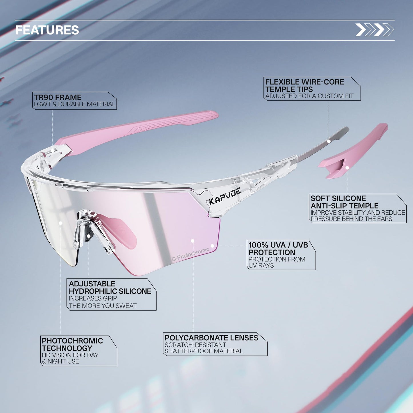 KAPVOE Photochromic Cycling Glasses Men Women Sport Sunglasses UV Protection Mountain Bike Sunglasses MTB Bicycle Riding Glasses TR90 Frame Baseball Shades Running Triathlon Cycle Golf Pink
