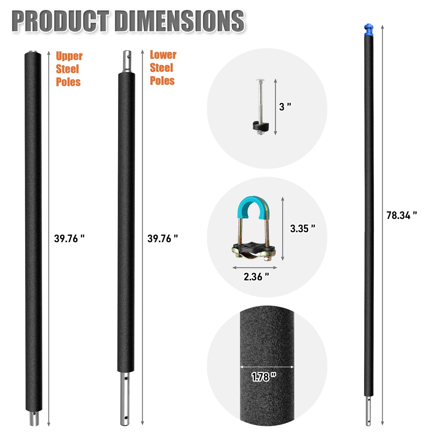 2PCS Trampoline Replacement Poles-Universal Trampoline Replacement Enclosure Poles Kit with Foam Sleeves,Pole Caps & Hardware for 2 Installation Methods, Fits 8-16FT Straight Pole Trampoline Frame