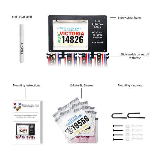MedalAwardsRack Race Bib and Medal Display for Track, Marathons, Triathlons, Races, and More – Holds up to 28 Medal and 20 Race Bib (Chalk Board Hanger)