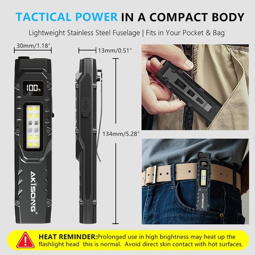 AKISONG EDC Tactical Flashlight, 1,200 Lumens Flat Flashlights Rechargeable, Dual-Switches LED Small Pen Light Digital Display, Stainless Steel 9 Modes Pocket Flash Light for Home, Camping, Emergency