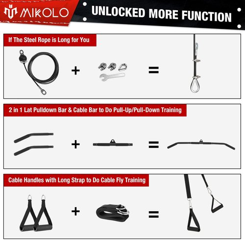 Mikolo Upgraded Weight Lift Pulley System - LAT Pulley Attachments with Adjustable Length Cable for Full Body Training, Home Gym Set