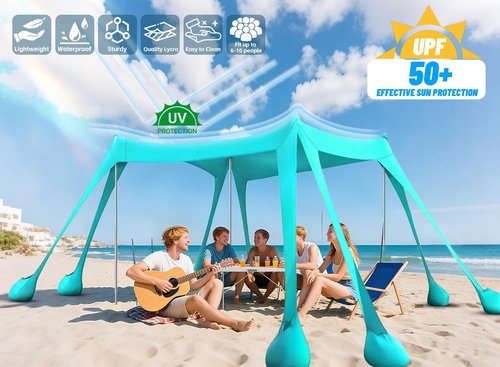 Vilupvie Beach Tent Sun Shelter Sunshade 11x11FT, UPF50+ Beach Canopy Tent Sun Shade with 8 Sandbags & 4 Stability Poles, Outdoor Shade Beach Canopy for Camping, Fishing, Backyard, Picnics (Turquoise)