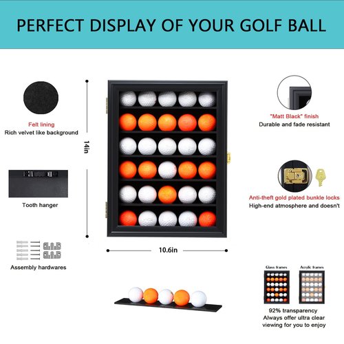 KCRasan 30 Golf Ball Display Case Lockable - Golf Ball Holder Gift for Golf Enthusiasts - Golf Ball Display Rack Cabinet for Wall Mount with Glass Door