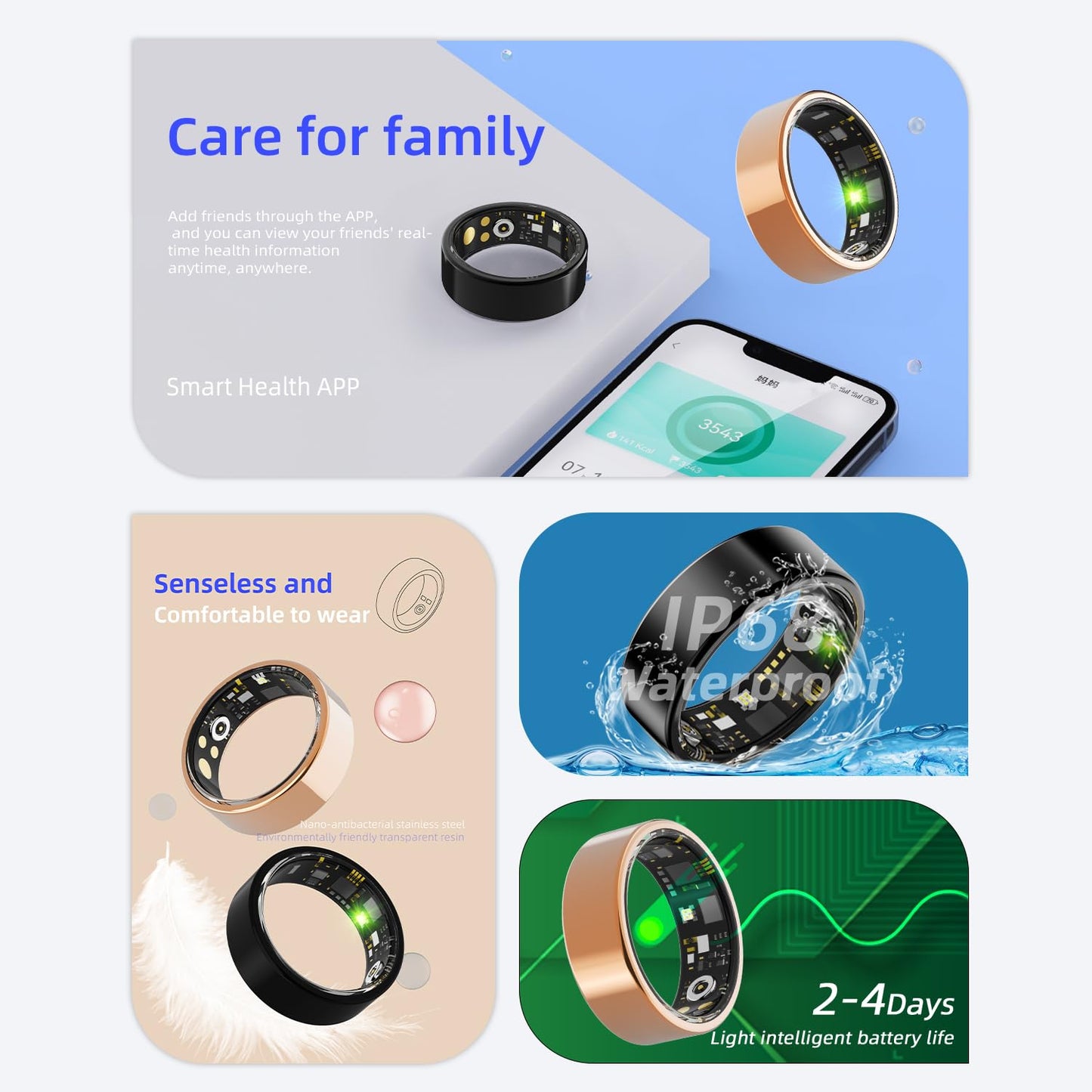 2025 Upgraded Smart Ring for Women&Men,IP68 Waterproof Fitness Tracker with Heart Rate/Blood Oxygen/Sleep/Step/Calories/Distance Monitor,No Subscription Fee,Compatible with iOS&Android (Golden, 7)