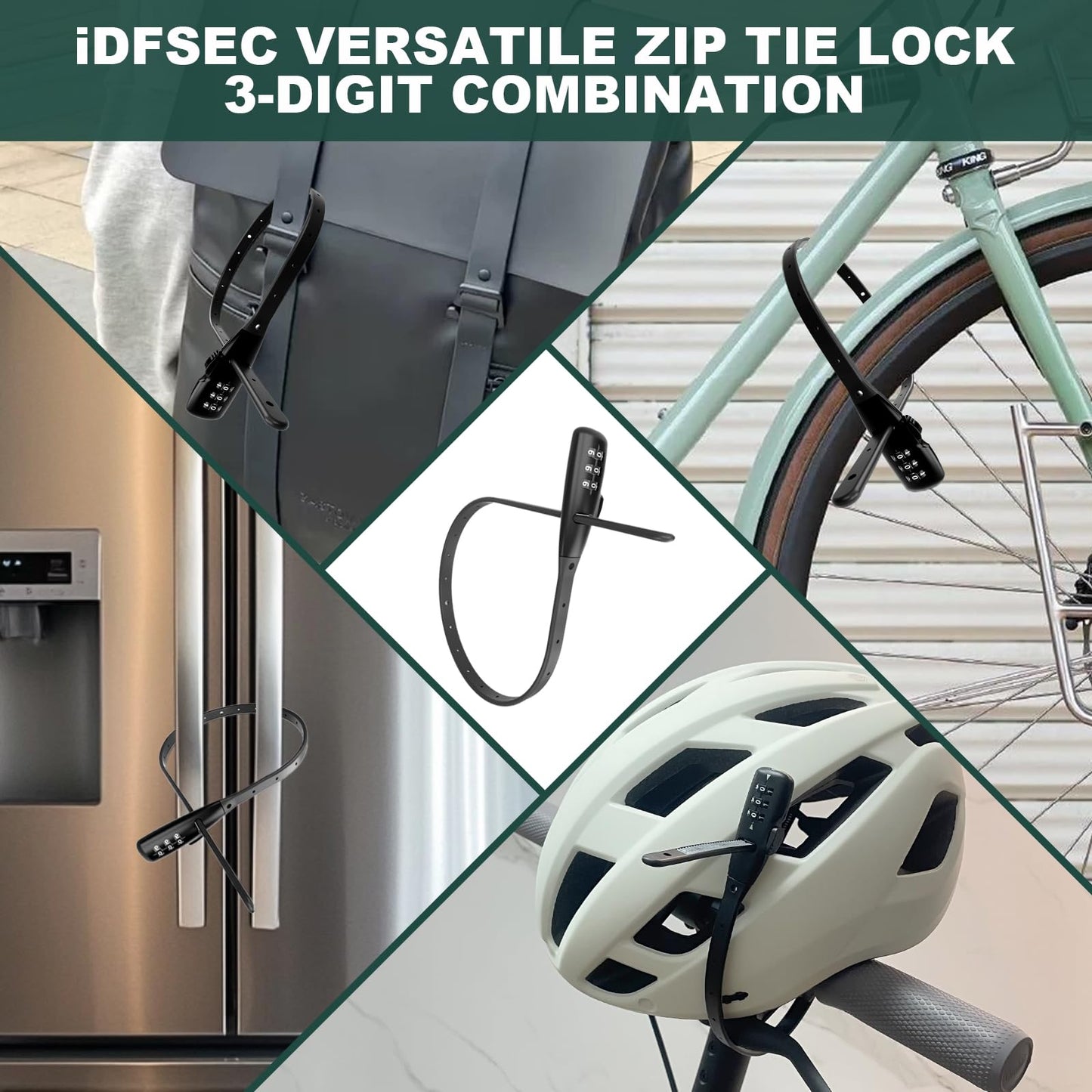 iDFSEC Zip Tie Lock, Adjustable Cable Tie with Stainless Steel Core - Multi-Purpose Cable Lock for Securing Helmets, Bicycles, Skis, Scooters, Café, Gate Door (2/Pack, Black)