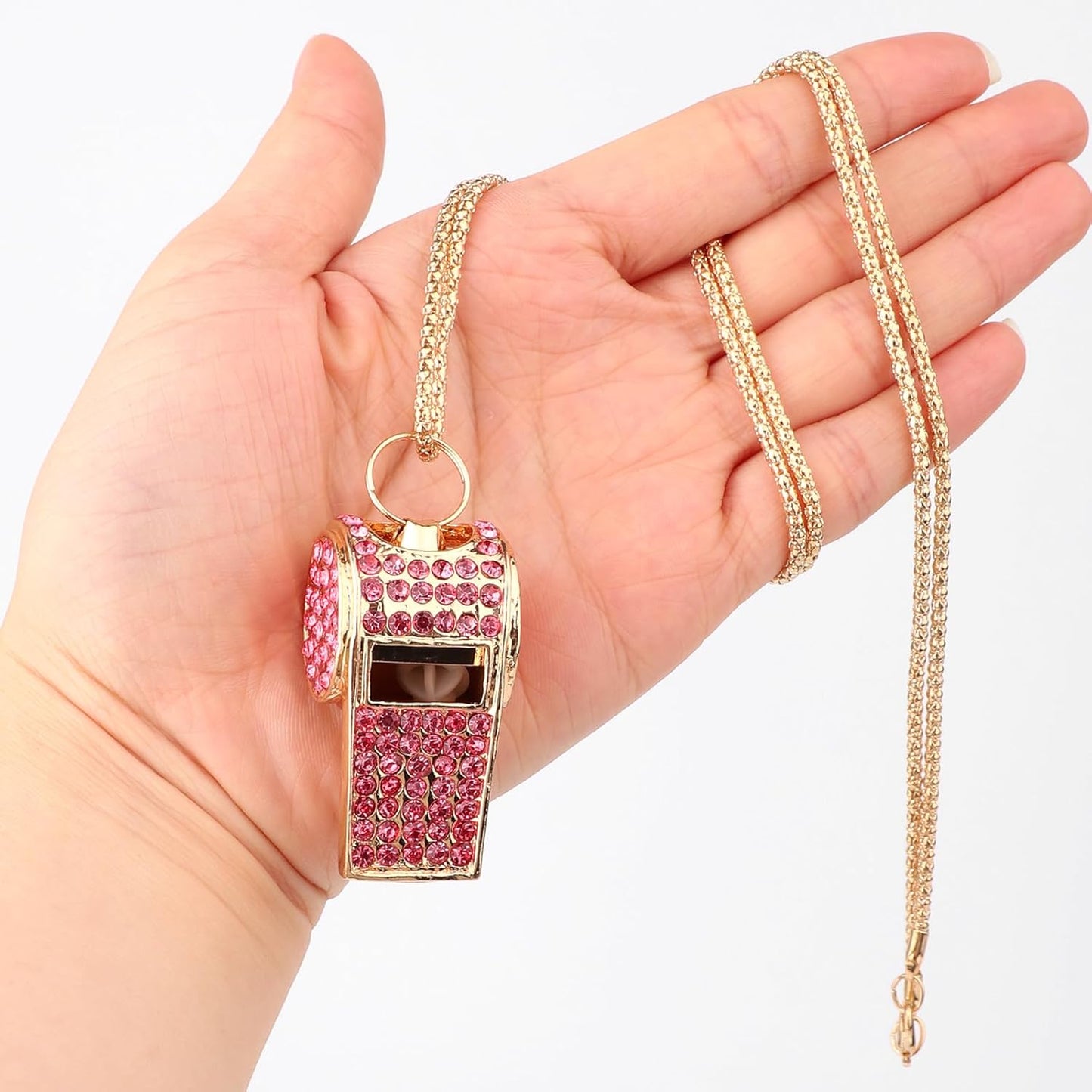 2pcs Bling Whistle, Metal Crystal Rhinestone Whistles Loud Crisp Sound Sports Whistle with Chain Lanyard Gifts for Teacher Referee Official Lifeguard Basketball Training (Gold, Pink)