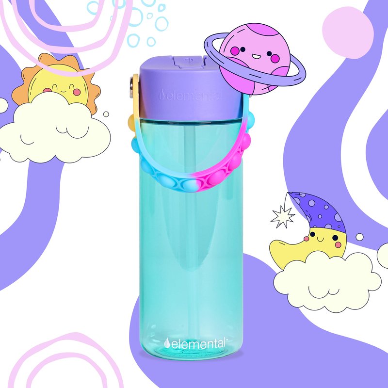 Elemental Water Bottles for Kids - Splash Kids Water Bottle for School with Pop-it Handle - BPA Free Tritan Plastic Water Bottle with Straw Leak Proof when Spout is Closed - Blue Tie Dye- 18oz