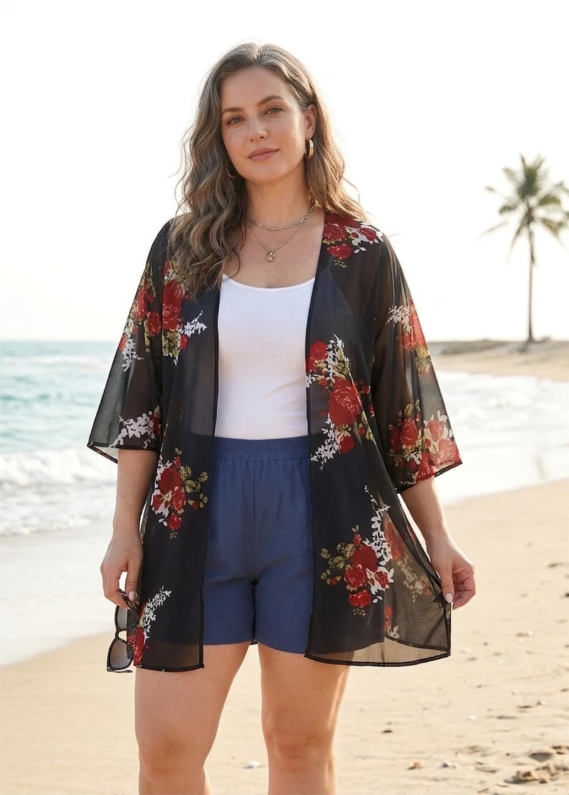 Women's Kimono Floral Cardigan Print Puff Cover Up Casual Blouse Summer Tops (Colorful Gilt, M)