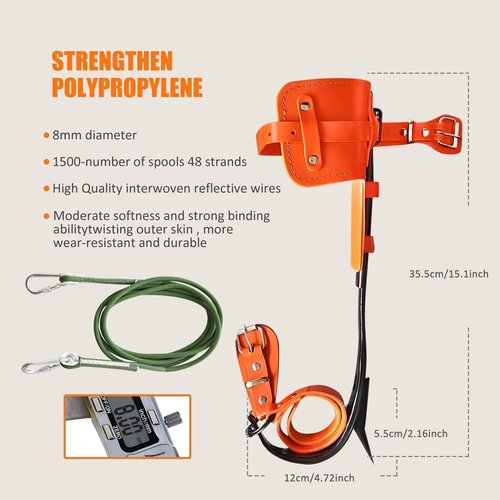 Tree Climbing Gear Kit with Adjustable Climbing Straps & Steel Core Flip Line – Arborist Equipment for Professionals, Includes Triple Lock Lanyard Adjuster, Durable Spikes for Tree Climbing