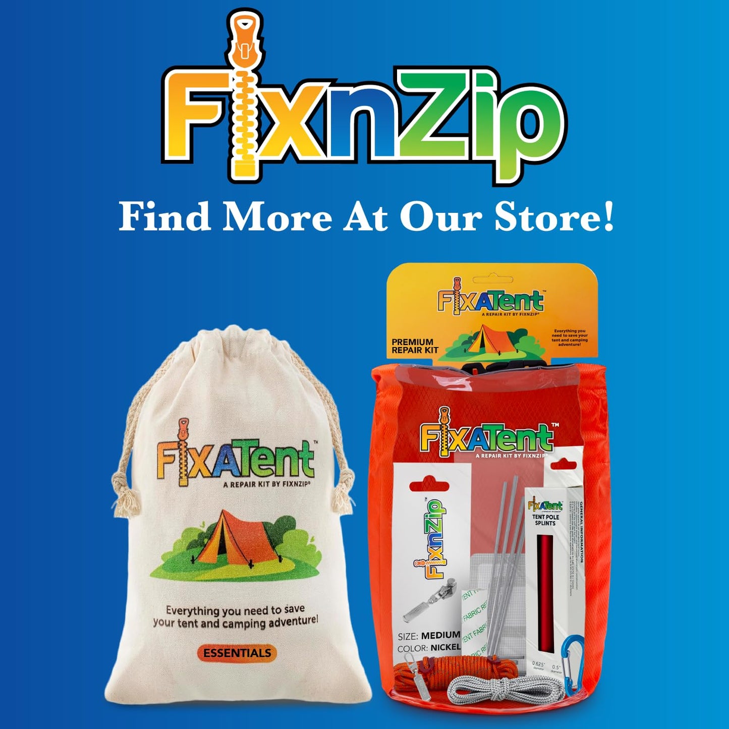 FixNZip FixATent Premium | Complete Tent Repair Kit with Zipper Slider, Pole Splints, Shock Cord, Screen Patches, Fabric Tape, Stakes, Guy Rope & Waterproof Dry Bag | Full Camping Gear Emergency Kit