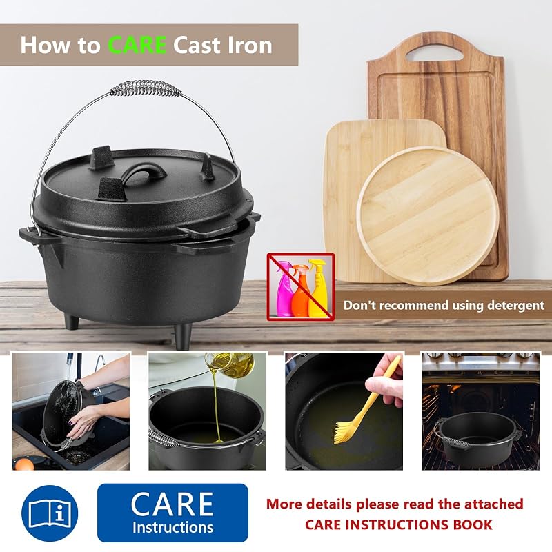 HaSteeL 7 QT Cast Iron Dutch Oven with Lid Lifter & Camping Rack - 3-Piece Variation