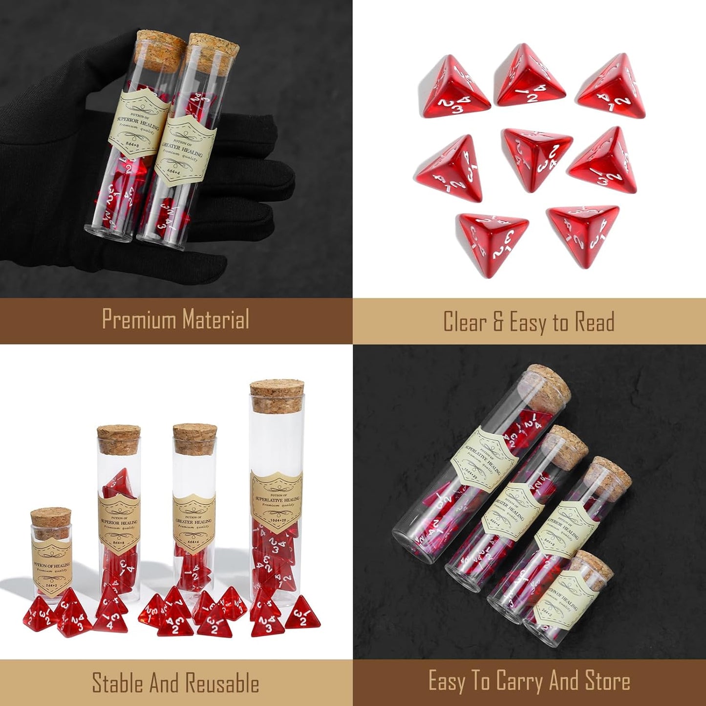 24Pce Red Polyhedral D4 Dice Set, Roleplaying Healing Potion Bottles with Cork Lids for RPG Board Table Gaming, Compatible with Dungeons and Dragons D&D MTG Accessories