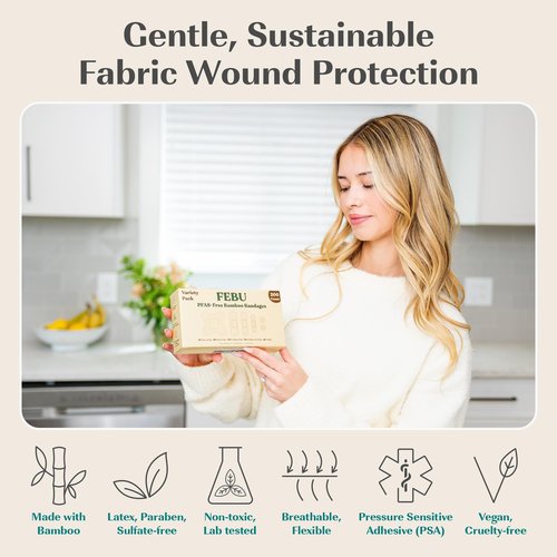 FEBU Eco-Friendly Bamboo Fabric Bandages | PFAS Free Flexible Fabric Bandages | Natural Hypoallergenic Bandage for Scrapes, Cuts & First Aid | Fully Compostable, Latex Free Bandage | 75 Count Strip