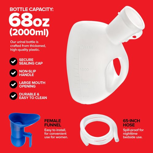 Male Urinal Bottle with 65" Hose and Female Adapter, 2000ml Portable Urinal for Men Spill Proof Nighttime Design, Car Travel Urine Bottle, Bedside Pee Bottle for Elderly, Truck Drivers, Hospital Use