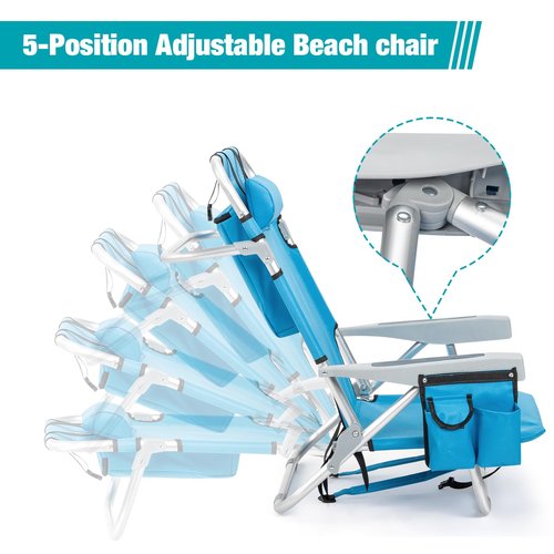 WISLAS 5-Position Folding Low Backpack Beach Chair with Headrest & Cup Holder - Portable Aluminum Reclining Camping Chair with Storage Bags, Adjustable Recline - Lightweight & Compact, Dark Blue