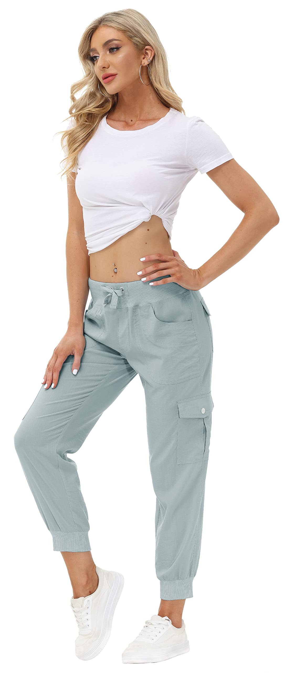MoFiz Women Cargo Pants with Pockets Lightweight Outdoor Summer Travel Casual Hiking Pants Running Joggers Sweatpants Elastic Waist Light Grey M