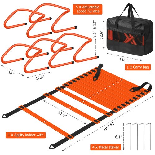 Speed and Agility Training Equipment: 5 Adjustable Agility Hurdles. 20ft Agility Ladder, Soccer Training Equipment Set for Kids Youth Adults