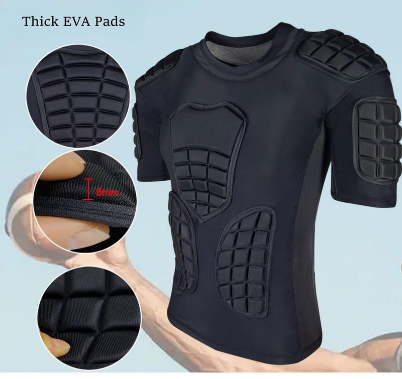 Topeter Mens Padded Protective Shirt, Impact Protector Undershirt with Rib, Chest, Shoulder & Back Pads for Football, Training, Contact Sports Gray S